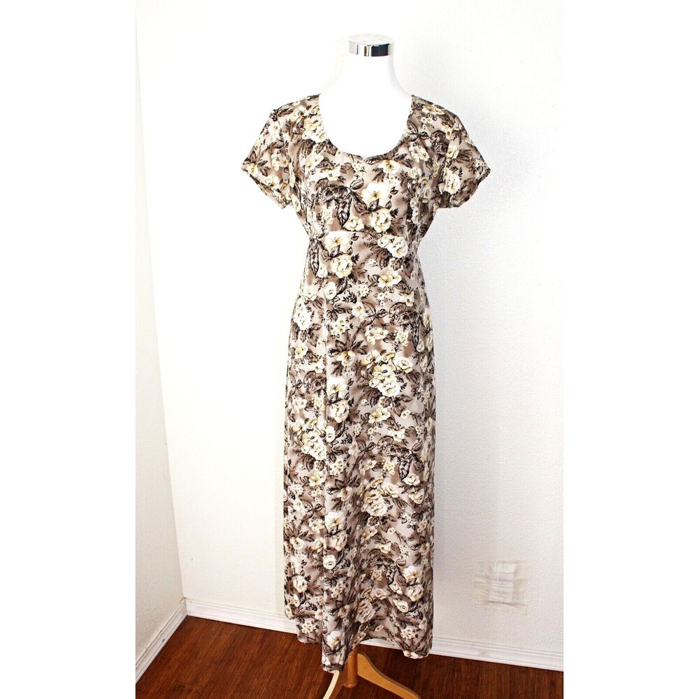 VTG ALL THAT JASS Maxi Dress Sz 13 / 14 Brown Cream Roses Short Sl. Babydoll #03